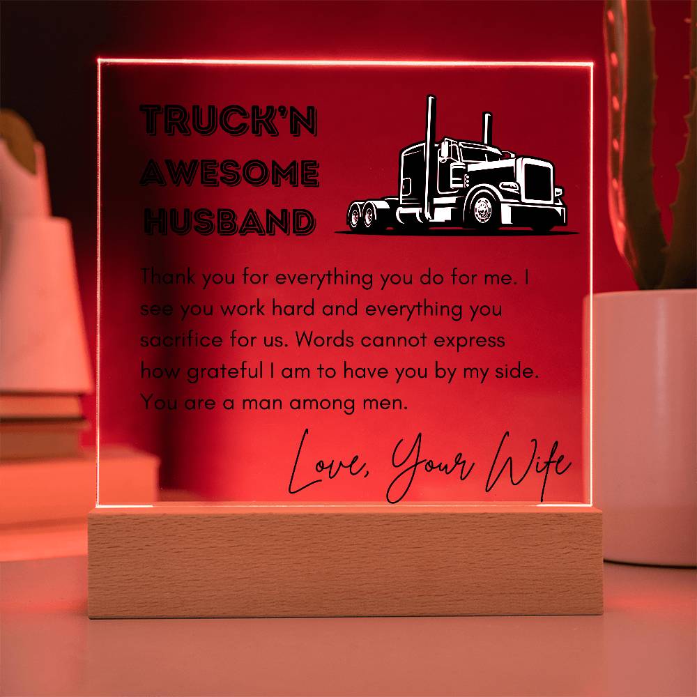 TRUCKN AWESOME HUSBAND Acrylic Square Plaque