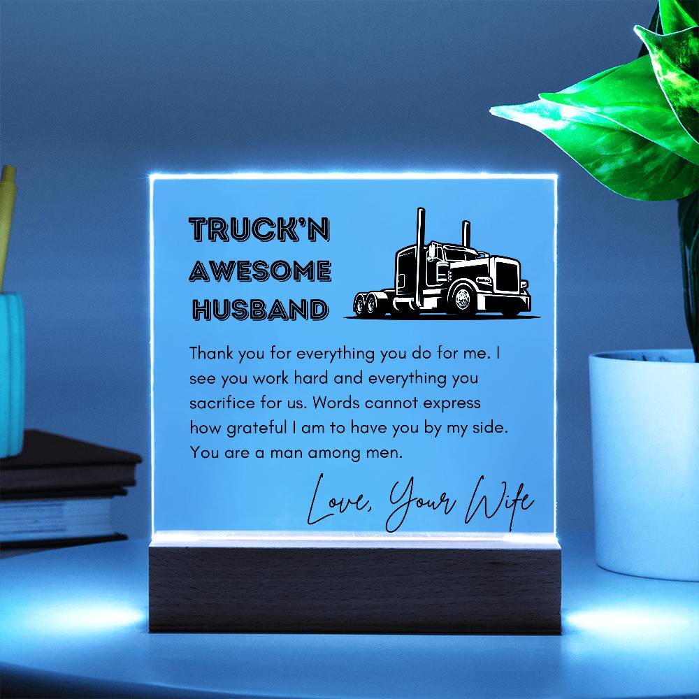 TRUCKN AWESOME HUSBAND Acrylic Square Plaque